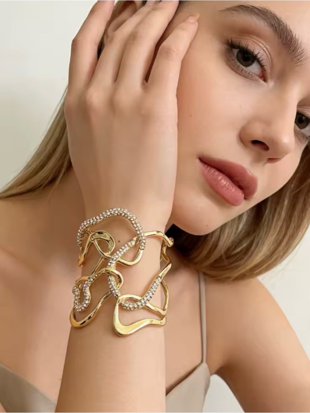 NEW Woven Open Cuff Chunky Bracelet Gold Clear Crystal SB01